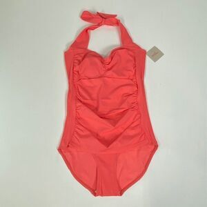 Ruby Ribbon Coral One Piece‎ Swimsuit Ruched Halter Neck Padded Cups Size 10
